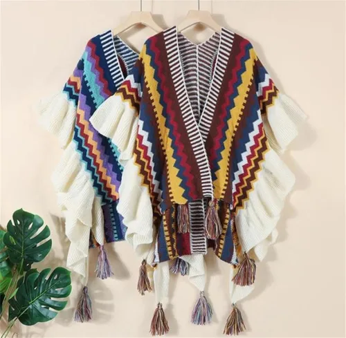 Miniatura 2 de SXLINGDO Poncho cruzado frontal tipo suéter de punto elegante capa de chales, cárdigan bohemio con borla para mujer