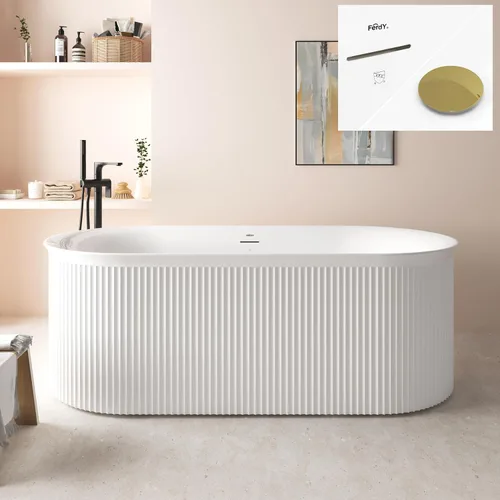 Miniatura 37 de FerdY 59" Bañera de acrílico independiente Bali Elite, bañera independiente de inmersión con forma elegante, certificada cUPC, desagüe negro Toe-Tap