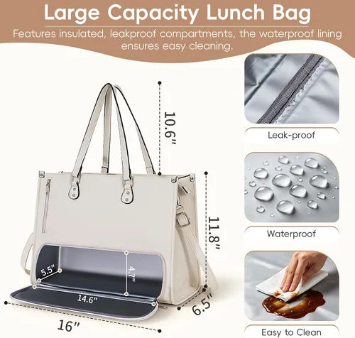 Miniatura 3 de Bolsa de mano para computadora portátil para mujer, 15.6 pulgadas, impermeable, de cuero, gran capacidad, maletín de trabajo para oficina y negocios
