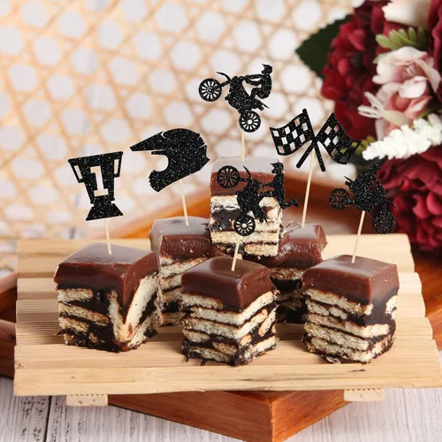 Miniatura 7 de Ephlyn Decoración para cupcakes de motocicleta, 24 piezas de decoraciones negras con purpurina para deportes, tema de motocross, para hombre y niño