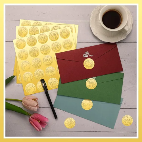 Miniatura 5 de Chinco 500 Piezas Pegatinas de Sellos para Sobres Dorados en Relieve Pegatinas Adhesivas de Sello Pegatinas Vintage de Papel Aluminio en Relieve Kit