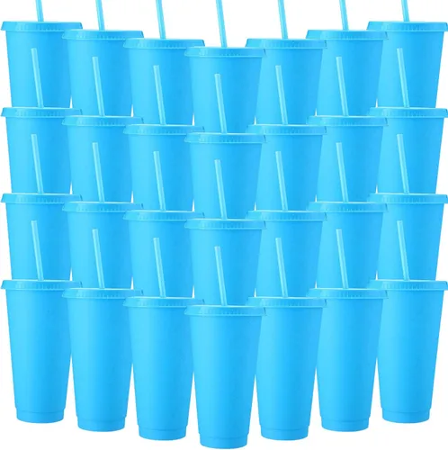 Miniatura 22 de Honeydak Paquete de 60 vasos con popote y tapa, vasos a granel para regalos, tazas de café de plástico con purpurina de 24 a 27 onzas, botella