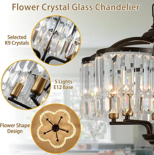 Miniatura 4 de Lámpara de Araña de Cristal Moderna para Comedor - 5 Luces Ajustables Negra Estilo Granja Accesorio de Luz Colgante para Vestíbulo Dormitorio Sala