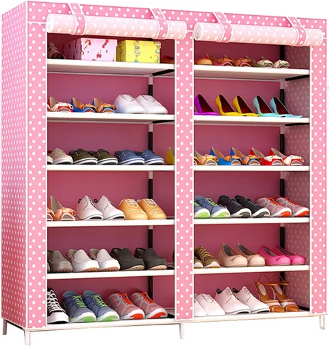 Miniatura 11 de Zapatero de 2 filas de metal, cubierta de tela multicapa a prueba de polvo, organizador de almacenamiento para dormitorio, sala de estar, puerta