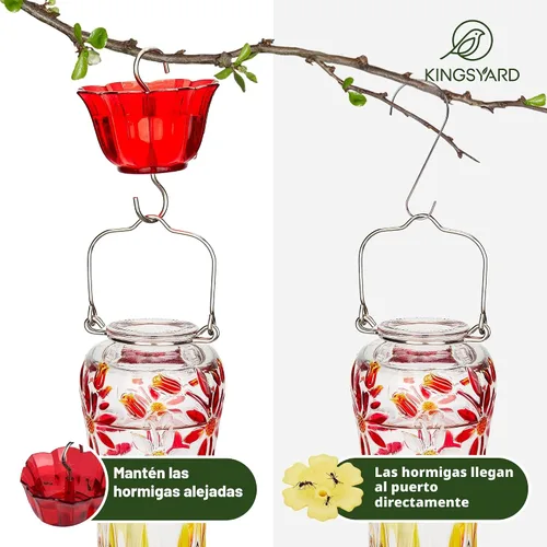 Miniatura 7 de Kingsyard Comedero para colibríes para colgar al aire libre, 25 onzas, alimentador de néctar de vidrio para colibríes con foso de hormigas y 6 Royal