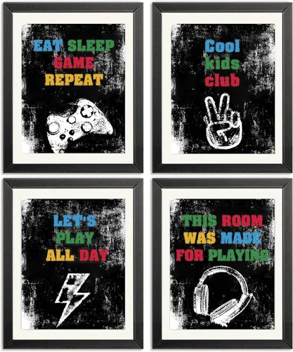 AEHIE Kids Boys Gaming Room Wall Art Poster Prints for Teen Boys Bedroom Playroom Game Room Decor, Cool Kids Club Eat Sleep Game Repeat Decorations