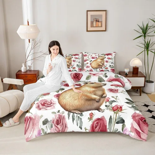 Miniatura 5 de Erosebridal Wild Capybara - Juego de cama de tamaño Queen romántico con diseño de rosas y flores, color rojo, lindo juego de cama con temática