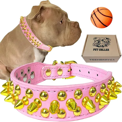 Miniatura 8 de TEEMERRYCA - Collares ajustables de piel sintética con tachuelas para perros, con pelota chillona de regalo, para mascotas pequeñas, medianas