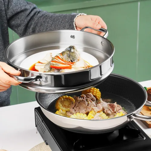 Miniatura 7 de SLOTTET Wok híbrido de 12 pulgadas con tapa, woks antiadherentes de acero inoxidable y sartenes para saltear, mango que se mantiene frío, utensilios