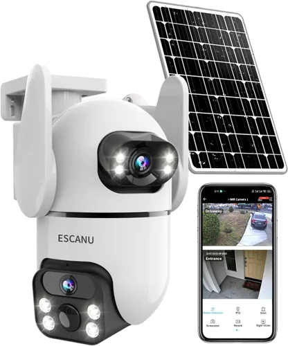 ESCANU Cámaras de seguridad de doble lente inalámbricas para exteriores para seguridad del hogar, WiFi, audio de 2 vías, visión nocturna, detección