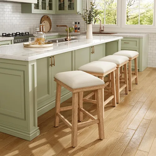 Miniatura 29 de MAISON ARTS Juego de 4 taburetes de bar grises para encimera de cocina, patas de madera maciza con asiento de silla de montar de piel sintética