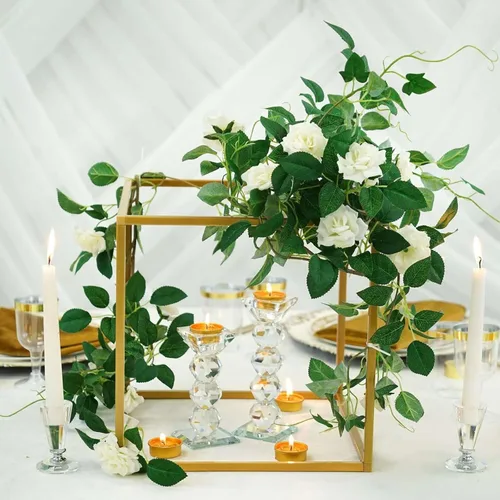Miniatura 16 de Efavormart - Juego de 2 centros de mesa de 32 pulgadas con marco de metal entrecruzado geométrico dorado, soportes de flores con pedestal de columna