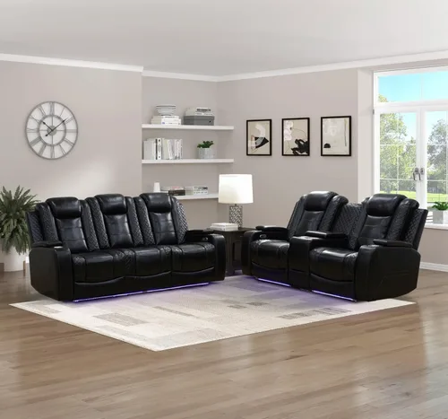 Miniatura 10 de Juego de sillones reclinables eléctricos con luces LED, juego reclinable de cuero acolchado con aire con puerto USB/almacenamiento/portavasos/luz