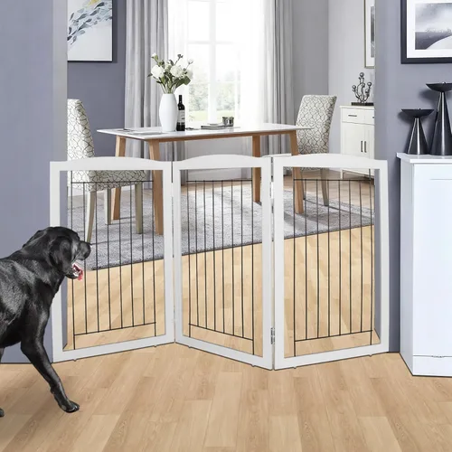 Miniatura 28 de ZJSF Puerta plegable independiente para perros, puerta de madera extra ancha blanca para cachorros, 6 paneles, puertas altas para mascotas