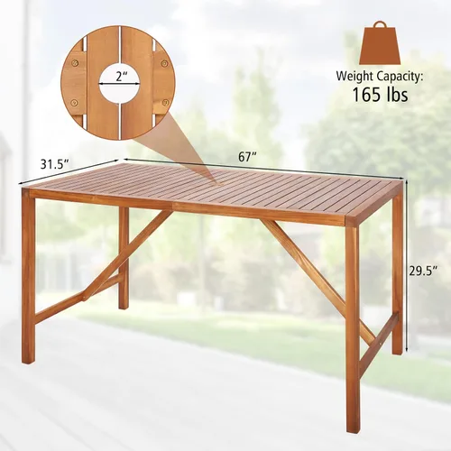 Miniatura 3 de Tangkula Mesa de comedor rectangular para exteriores, mesa de madera de acacia con agujero para sombrilla de 2 pulgadas, amplia mesa de listones