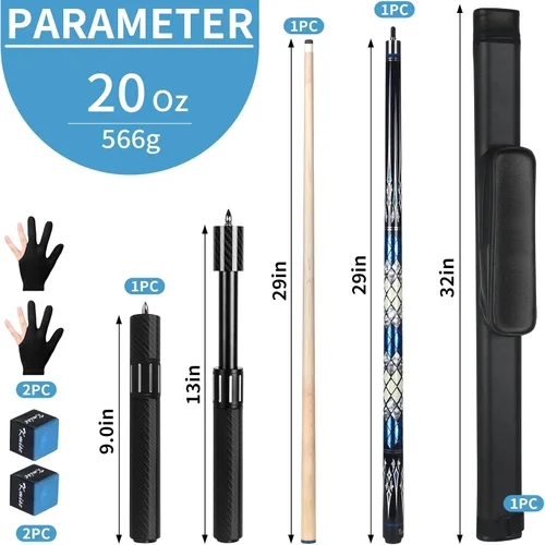 Miniatura 8 de Kmise Professional Pool Cue Stick, 18 19 20oz Canadian Maple Cue Sticks, Low Deflection Shaft with Telescopic Carbon Fiber Extension Cue-Grid Azul