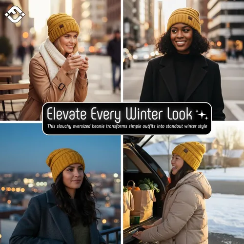 Miniatura 360 de Funky Junque Gorro de moda de punto trenzado de talla extragrande, grueso, abrigado, suave y holgado