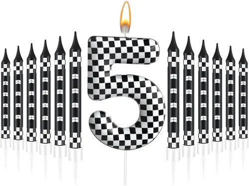 Miniatura 20 de 13 piezas de velas temáticas de coches de carreras para cumpleaños en negro y blanco con número de carrera 1 a cuadros, velas para tarta de coche