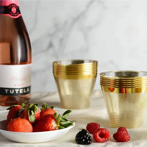 Miniatura 7 de Paquete de 100 vasos de plástico de 9 onzas con purpurina dorada con borde dorado, tazas de fiesta de alta calidad, elegantes y resistentes, bodas