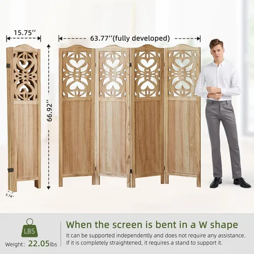 Miniatura 8 de Divisor de habitación de 4 paneles de madera tallada de 5.6 pies de alto, pantalla de privacidad plegable con bisagras dobles, divisor de división