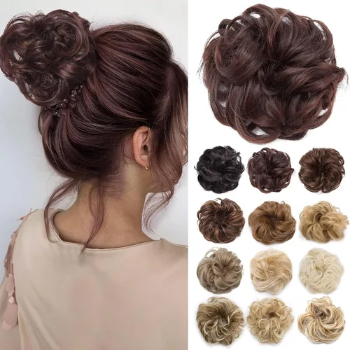 Miniatura 8 de Benehair Moño desordenado, pieza de pelo recogido para mujer, esponjoso, ondulado, moño con dona, moño sintético con banda elástica de goma