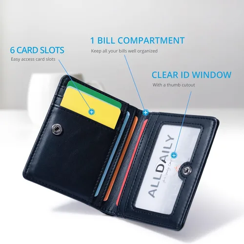 Miniatura 4 de Alldaily Pequeña cartera RFID para mujer, delgada, compacta, plegable, con bolsillo, mini monedero de viaje para mujer, Negro -, Compacto