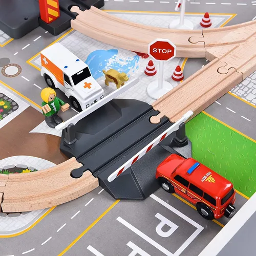 Miniatura 7 de Giant bean Juego de Tren Eléctrico de Vía de Madera de Estación de Bomberos de 72 Piezas, Kits de Juguete Ferroviario Empaquetados como Regalo