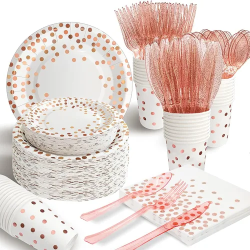 Miniatura 11 de AIRE 175 piezas platos de oro rosa suministros de fiesta sirve para 25 invitados decoraciones de fiesta desechables, tenedores cuchillos cucharas