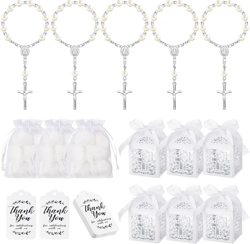 MTLEE El juego de 100 piezas de recuerdos de bautismo incluye mini rosario, cajas de recuerdos de bautismo, bolsas de organza blanca con cordón de