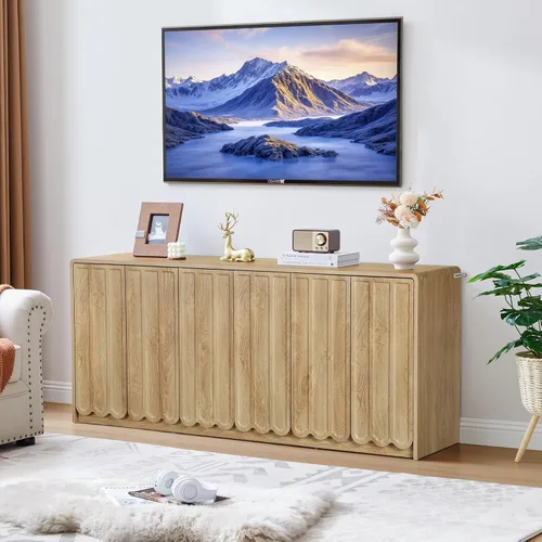Miniatura 15 de ORRD Aparador Buffet de Acento, Gabinetes de Almacenamiento con 2 Puertas, Gabinete de Madera Estilo Granja con Estantes Ajustables y Panel Ondulado