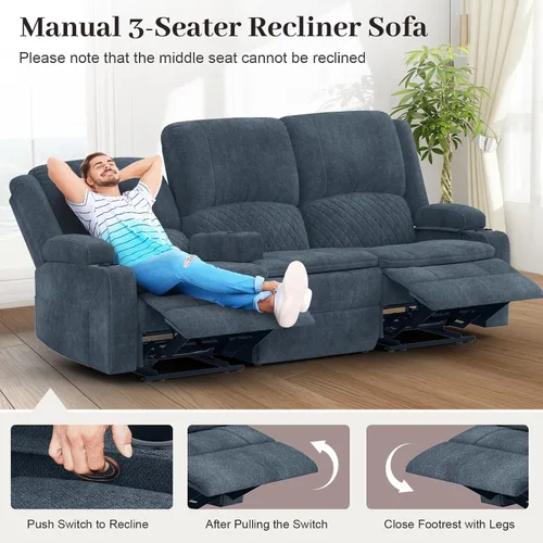 Miniatura 3 de Yolsali Sofá reclinable, sofá reclinable manual de 3 plazas con cojín de 2 niveles, sofás reclinables para sala de estar con consola removible