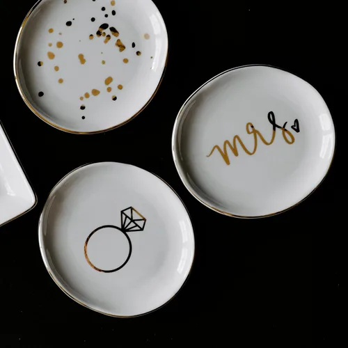 Miniatura 4 de Plato de joyería moteado de oro blanco Bandeja circular de cerámica para decoración del hogar, regalo de boda para ella, organizador de escritorio