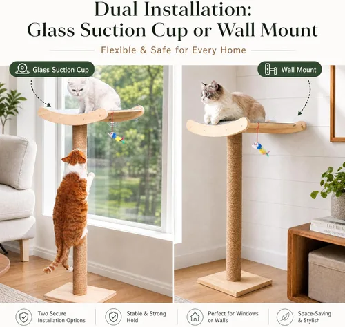 Miniatura 6 de Percha para gatos de ventana con postes rascadores, cama de árbol de madera de 46 pulgadas para gatos grandes Maine Coon para posarse y descansar
