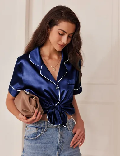 Miniatura 3 de Ekouaer Conjunto de pijama de satén de seda para mujer, ropa de dormir de dos piezas, ropa de dormir de manga corta, suave, con botones