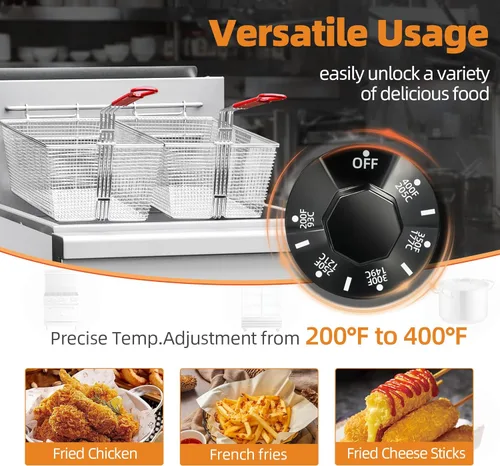 Miniatura 2 de Freidora Comercial Profunda con 2 Canastas, Freidora de Gas Natural de 90000 BTU - Certificada CSA, 200°F-400°F 3 Tubos, Freidora de Piso de Acero