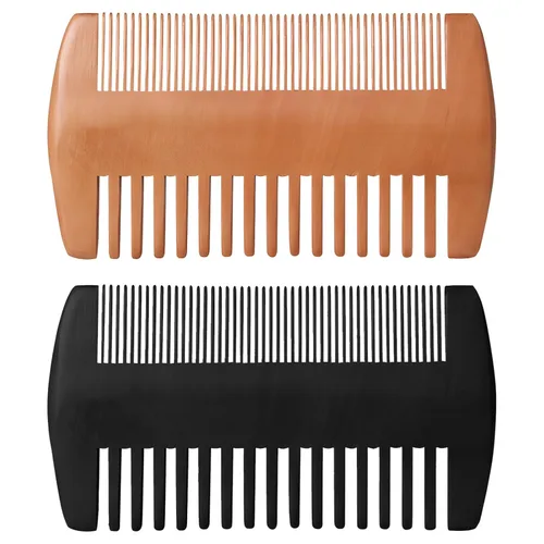 Kit de peine de madera para barba, dientes finos y gruesos de doble acción, color madera y peine de bolsillo negro para barbas, bigotes y cuidado
