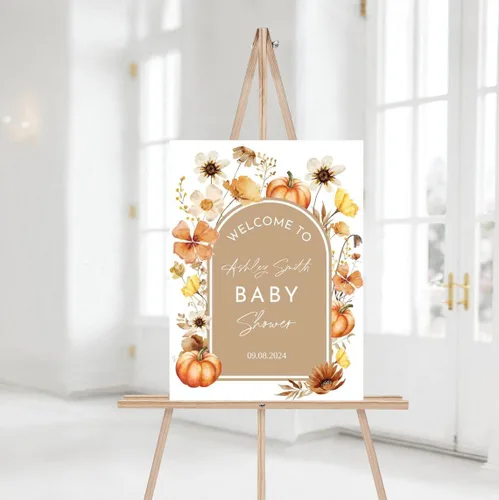 Miniatura 9 de Cartel de bienvenida de baby shower, cartel de bienvenida editable con texto en inglés "It's a Girl Woodland", letrero de bienvenida de baby shower