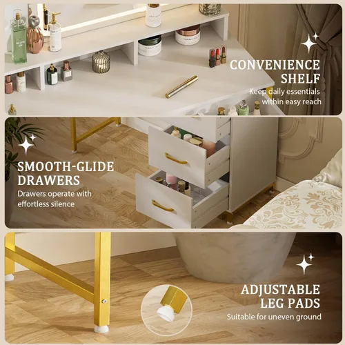 Miniatura 10 de COMHOMA Escritorio de tocador con espejo y luces, mesa de tocador de maquillaje con 4 cajones y estantes de almacenamiento, espejo HD grande, 3