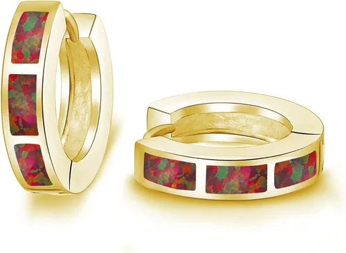 Aretes de aro pequeños para mujer, chapados en oro de 14 quilates, joyería de ópalo, Piedra, Ópalo sintético