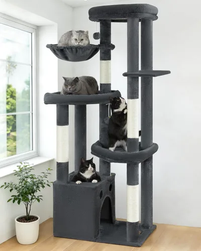 Torre de árbol para gatos de varios niveles para gatos de interior, torre de escalada XL de 67 pulgadas de alto con 3 plataformas grandes, postes