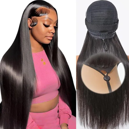 Miniatura 10 de mengkai Pelucas de cabello humano de 32 pulgadas con encaje frontal de 13x6, cabello humano predesplumado liso, peluca frontal de encaje HD