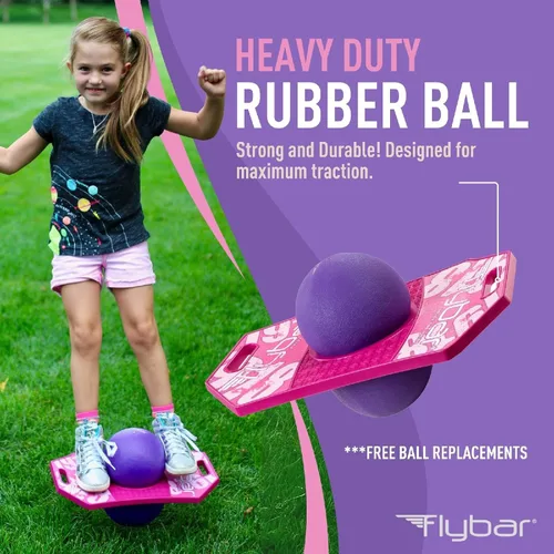 Miniatura 5 de Flybar Pogo - Pelota de truco para niños, tabla de rebote de equilibrio con cubierta antideslizante, bomba incluida, juguetes para interiores y Baya