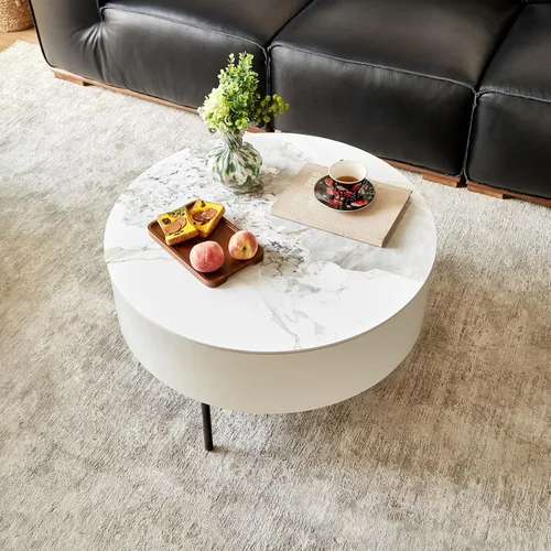 Miniatura 13 de KEVINSPACE Mesa auxiliar negra con borde dorado en la parte inferior, mesa de centro redonda para espacios pequeños, mesa auxiliar de madera mesita