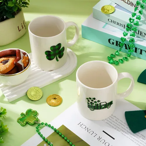 Miniatura 4 de Whaline Juego de 2 tazas del Día de San Patricio de 12 onzas con diseño de trébol a cuadros de búfalo para café, tazas de cerámica irlandesa a