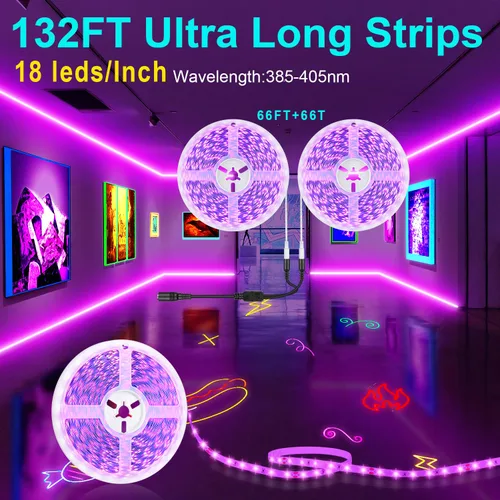 Miniatura 7 de Tira de luz LED negra de 132 pies, control de aplicación, luz negra para fiesta brillante con control remoto, tira adhesiva de luz negra de neón