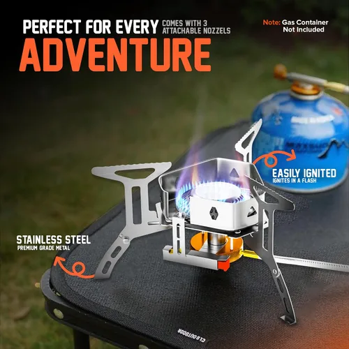 Miniatura 7 de Estufa de campamento de 3500 W, estufa de campamento resistente al viento con funda de transporte de encendido piezoeléctrico y 2 adaptadores