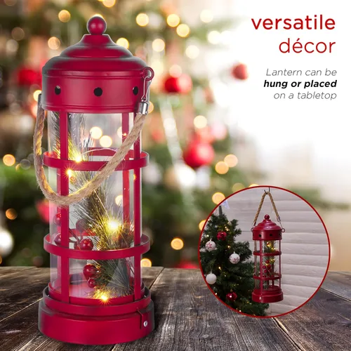 Miniatura 7 de Alpine Corporation Farol de Navidad de metal y vidrio de 13 pulgadas de alto con 8 luces LED blancas cálidas, temporizador integrado, decoración