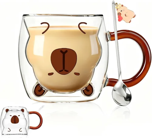 Miniatura 19 de Binoster Tazas Lindas de Oso Kawaii de Vidrio de Doble Pared para Café y Té, Taza de Yogur Divertida, Regalo Novedoso para Mujeres, Sus Amigas