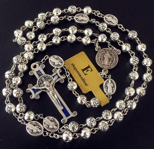 Miniatura 3 de elegantmedical Collar de cruz azul de San Benito con cuentas de rosa de plata hechas a mano y bonita caja de joyería de metal