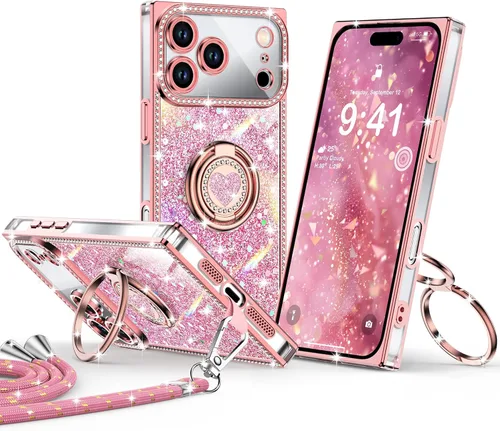 Miniatura 14 de XYZ Funda para iPhone 13, con purpurina brillante con soporte de corazón de 2 anillos y cordón, funda protectora a prueba de golpes con diamantes